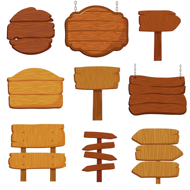 Bannières en bois vides et panneaux de signalisation. Collection de vecteurs bois isolés