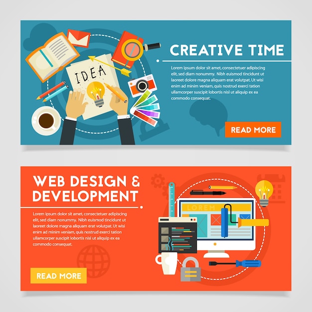 Bannières de concept Creative Time et Webdesign et développement. Composition horizontale