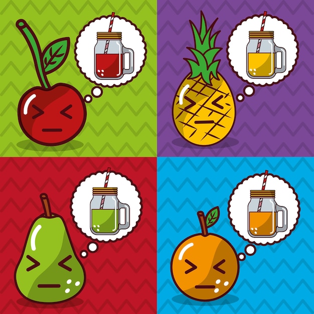 Vecteur bannières de dessin animé de fruits et de jus de kawaii