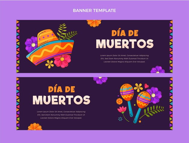 Bannières dia de muertos design plat dessinés à la main horizontales