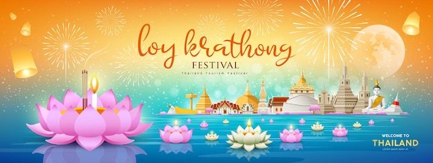 Bannières du festival Thaïlande loy krathong sur la rivière la nuit design background vector illustration