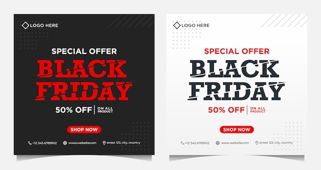 Bannières D'événement Black Friday, Arrière-plan Et Modèle De Médias Sociaux Dans Les Couleurs Noir Et Blanc