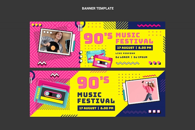 Bannières De Festival De Musique Nostalgique Plat Des Années 90 Horizontales