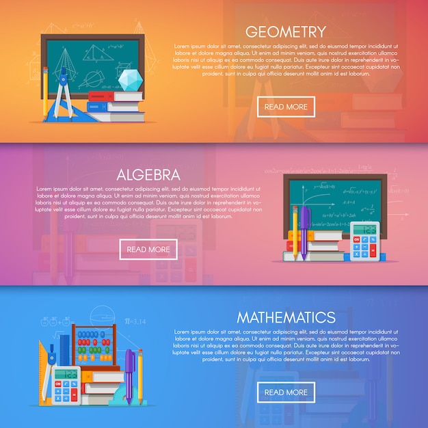 Bannières De Géométrie, D'algèbre Et De Mathématiques. Concept D'enseignement Des Sciences Dans La Conception De Style Plat.