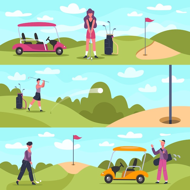 Vecteur bannières de golf. personnages de golf masculins et féminins jouant aux sports de plein air, les gens de golf chassent et frappent l'illustration de fond de balle. activité de golf de passe-temps, tir actif féminin en plein air