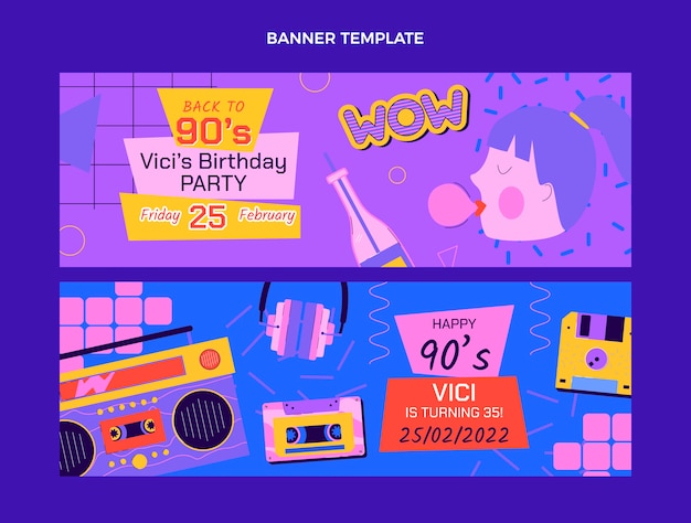 Vecteur bannières horizontales d'anniversaire nostalgique des années 90 dessinées à la main