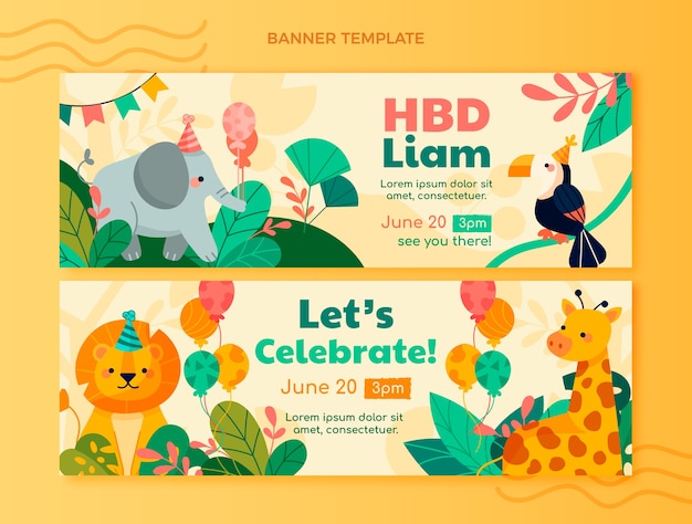 Vecteur bannières horizontales de fête d'anniversaire jungle design plat