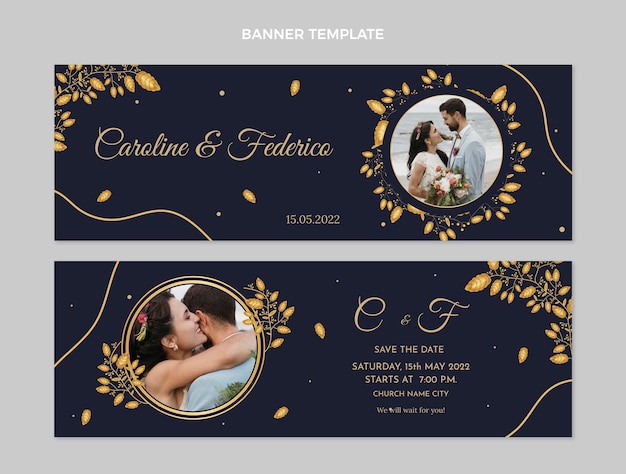 Bannières horizontales de mariage doré de luxe réaliste