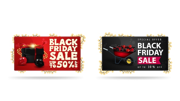 Bannières Horizontales Rouges Et Noires Avec Des Cadeaux Et Brouette Avec Des Cadeaux Au Black Friday Enveloppé De Guirlandes Isolées