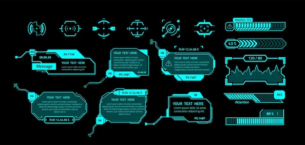 Bannières Hud éléments D'interface Futuristes Avec Espace De Copie Boîtes De Message Et Viseurs D'armes Infographiques Bordures Au Néon Avec Texte Sur Fond Noir Ensemble De Vecteurs De Cadres Fluorescents