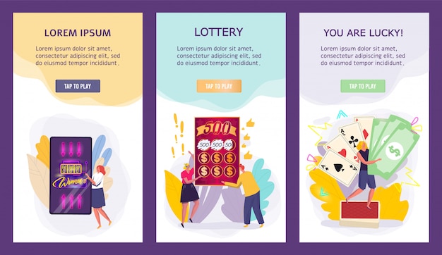 Bannières De Jeu De Casino, Gagnants Du Jackpot De Minuscules Personnes, Concept De Loterie Pour Application Mobile, Illustration