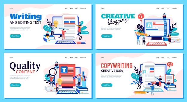 Bannières de marketing de rédaction et de blogging avec illustration vectorielle de personnes