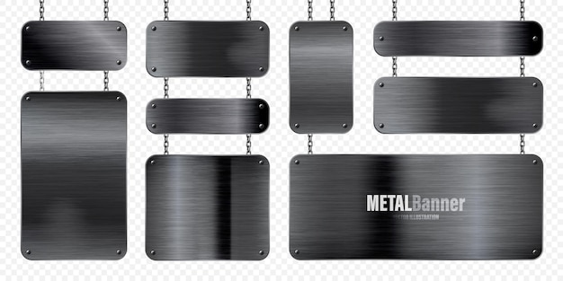 Bannières Métalliques Accrochées à Une Chaîne Plaque D'acier Brillante Réaliste Avec Des Vis En Métal Noir Poli