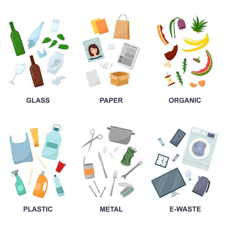 Vecteur bannières avec papier plastique verre métal organique et illustration vectorielle de poubelle ewatse