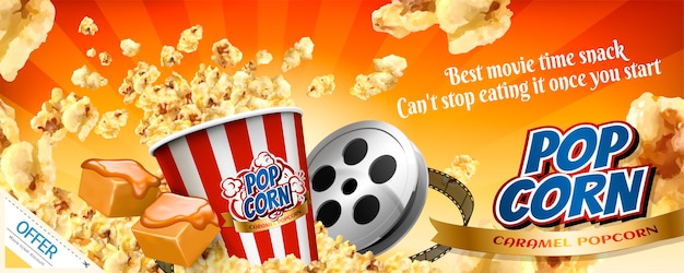 Bannières Publicitaires Caramel Pop-corn Avec Des Cors Volants En Illustration