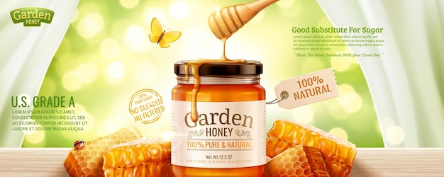 Bannières publicitaires miel nature avec nid d'abeille et liquide dégoulinant du haut sur fond vert pailleté en illustration 3d
