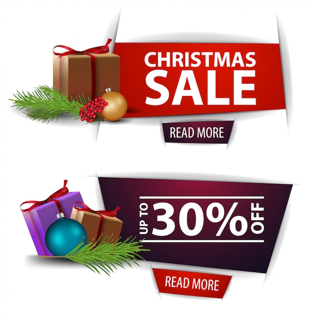 Bannières De Réduction De Noël Avec Des Cadeaux Isolés Sur Fond Blanc. Modèles Rouges Et Violets