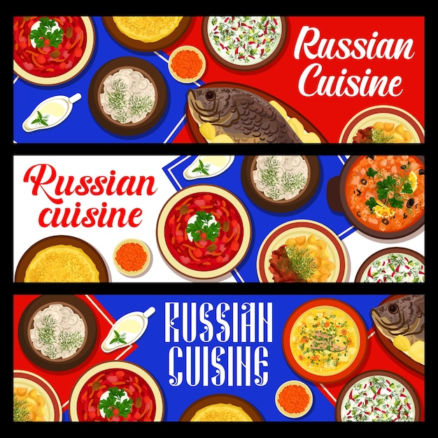 Vecteur bannières de repas de cuisine russe bortsch et blini