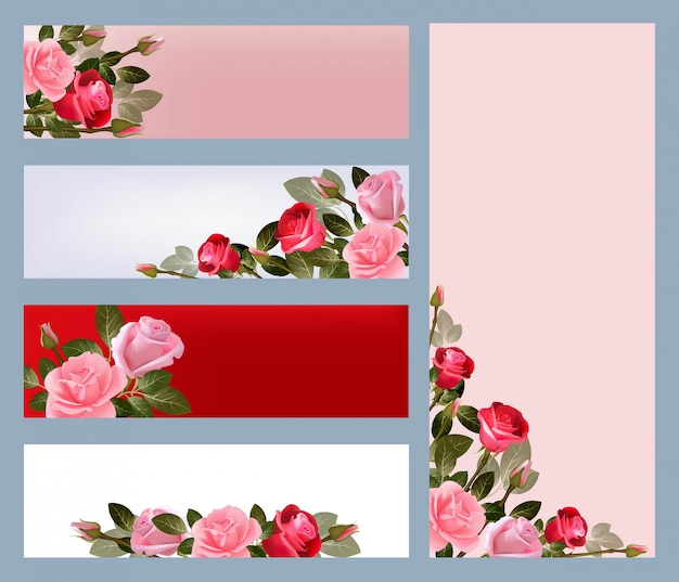 Bannières Roses Rouges. Modèle D'impression Avec Des Illustrations De Belles Images Vectorielles De Fleurs