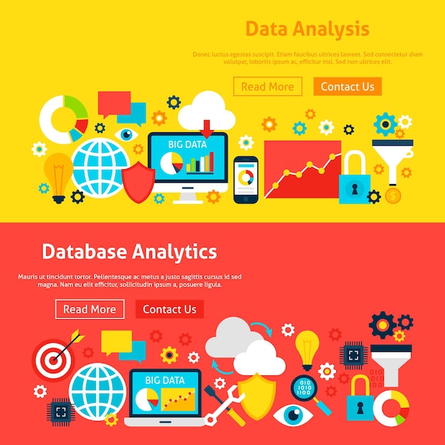 Bannières de sites Web Big Data. Illustration vectorielle pour l'en-tête Web. Conception plate d'analyse commerciale.