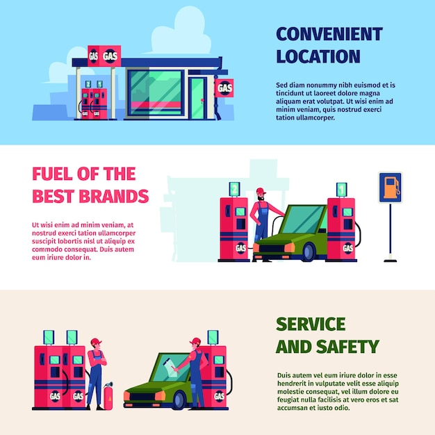 Bannières De Stations-service Travailleurs Professionnels Faisant Le Plein De Différentes Voitures Service D'essence De Gaz De Pétrole Ensemble De Modèles De Conceptions D'impression Vectorielles Criardes