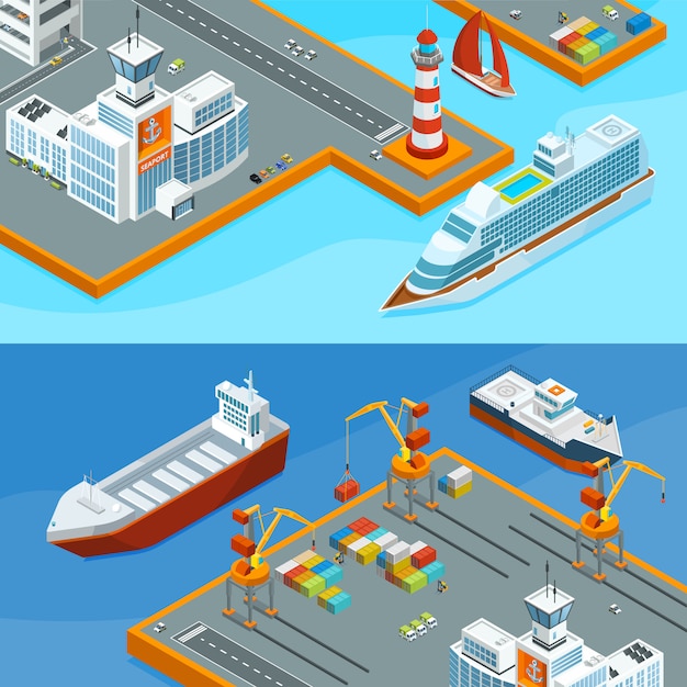 Bannières De Vecteur Horizontal Avec Des Navires De Mer Dans Le Port. Illustration De Transport De Mer D'affaires