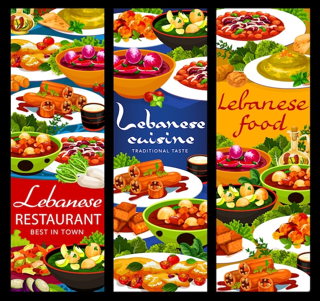 Bannières vectorielles de cuisine libanaise avec des plats arabes de légumes, de viande et de desserts. Houmous, soupes de boulettes et boulettes de kofta d'agneau, salade fattoush, cake, courgettes farcies et fromage halloumi