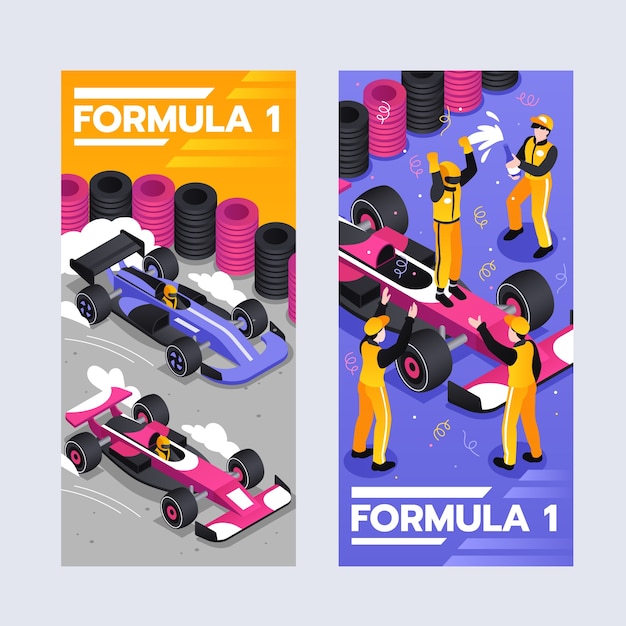 Bannières de voitures de F1 en vue isométrique