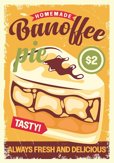 Vecteur banoffee tarte délicieux gâteau affiche promo rétro signe vintage modèle vectoriel