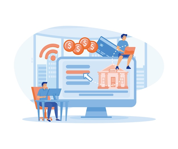 Banque sur Internet Petites personnes avec un ordinateur portable et transformation financière numérique