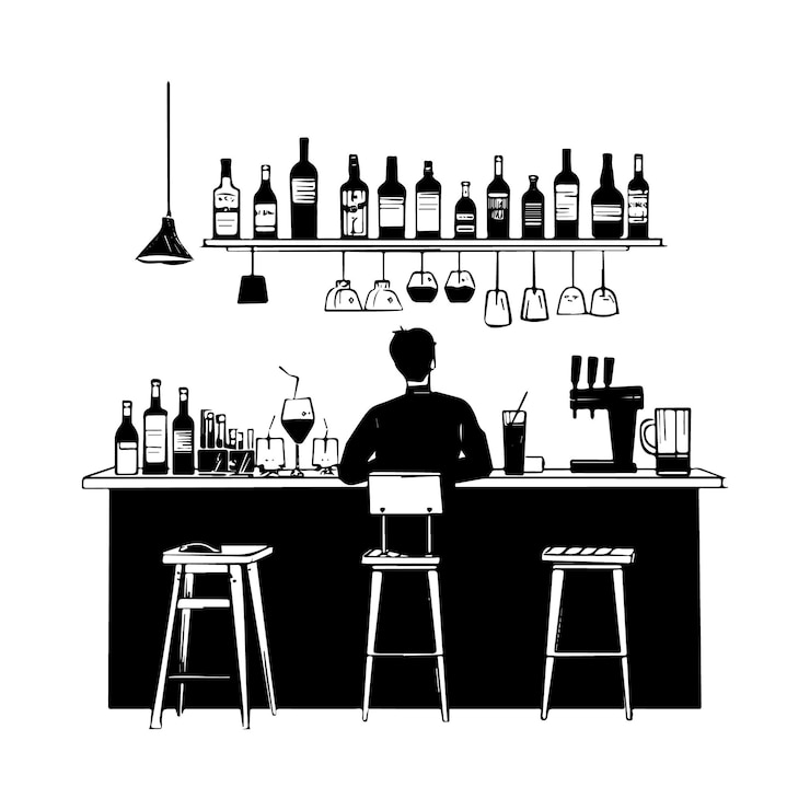 Vecteur bar d'alcool avec des barmans noir et blanc illustration