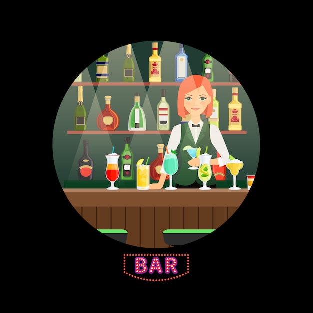 Vecteur bar et barman avec cocktails