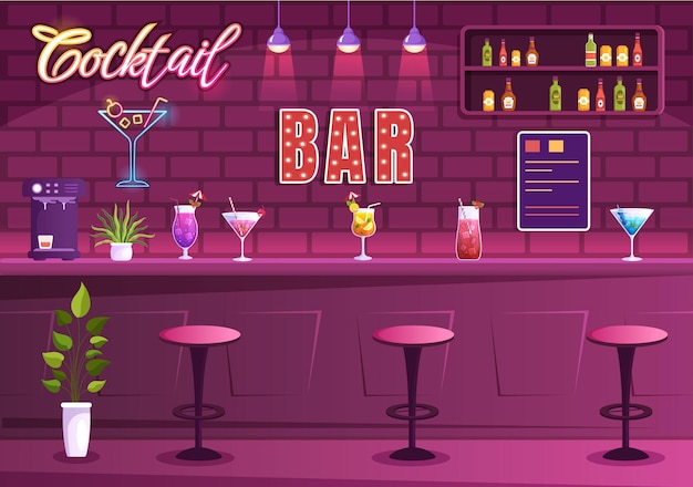 Vecteur bar à cocktails ou boîte de nuit avec boissons alcoolisées à base de jus de fruits ou cocktails illustration