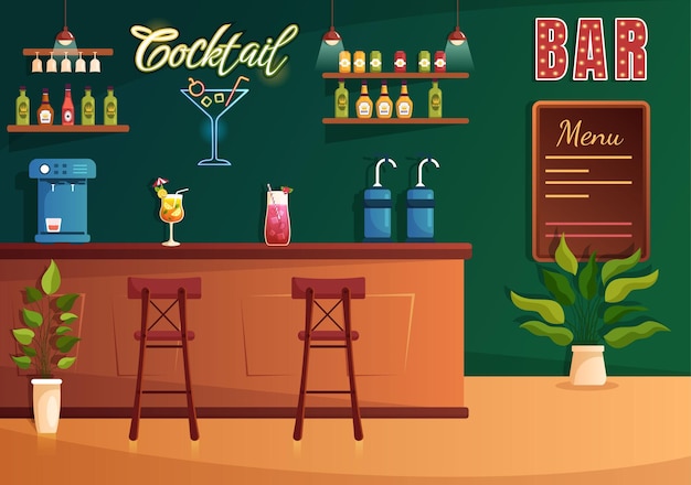 Bar à cocktails ou boîte de nuit avec boissons alcoolisées à base de jus de fruits ou cocktails Illustration