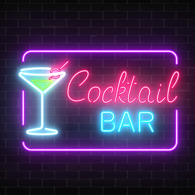 Vecteur bar à cocktails néon et café signe lumineux avec cadre géométrique sur un mur de briques.