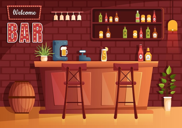 Vecteur bar ou pub le soir avec des bouteilles de boissons alcoolisées dans la salle intérieure en illustration de dessin animé plat