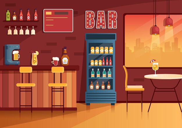 Bar Ou Pub Le Soir Avec Des Bouteilles De Boissons Alcoolisées Dans La Salle Intérieure En Illustration De Dessin Animé Plat