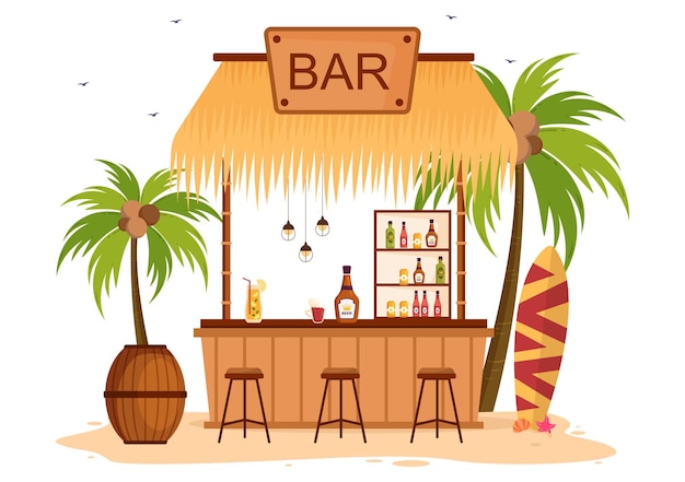 Vecteur bar tropical ou pub à la plage avec des bouteilles de boissons alcoolisées en illustration de dessin animé plat