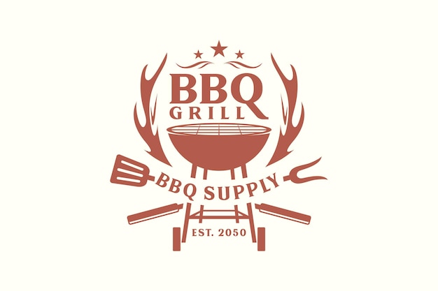 Vecteur barbecue grill restaurant de nourriture en plein air élément en bois de cerf logo design barbecue avec ustensiles outils craché