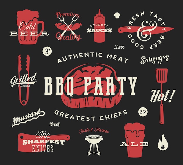 Vecteur barbecue party vector retro symbol set viande et bière icône typographie motif steak saucisse grill signes rouge sur fond sombre
