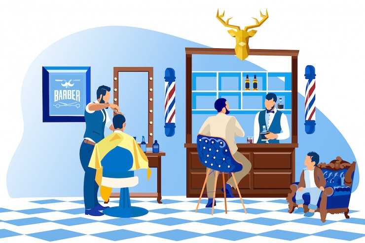 Vecteur barber doing client haircut chez les hommes barbershop.