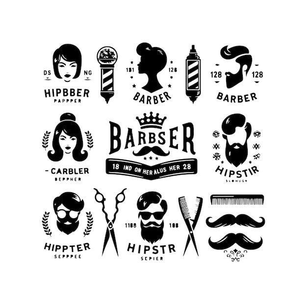 Barberie Hipster Logo Vintage Insigne Ciseaux à Barbe Rasoir Barbe Bouclée Barbe Vecteur Moustache