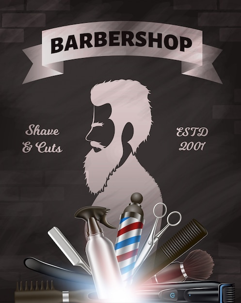 Barbershop Publicité Image. Articles de jeu d'outils en métal Barber. Silhouette homme à la barbe
