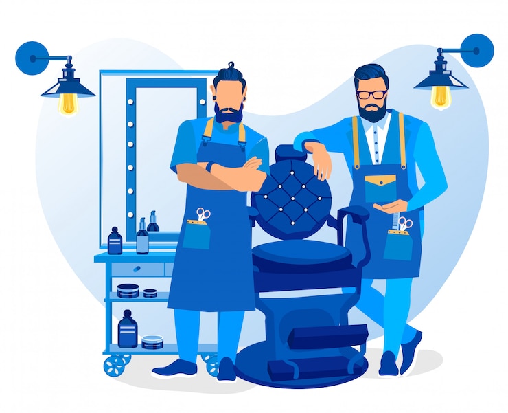 Vecteur barbier barbu portant un tablier avec des outils de coupe de cheveux