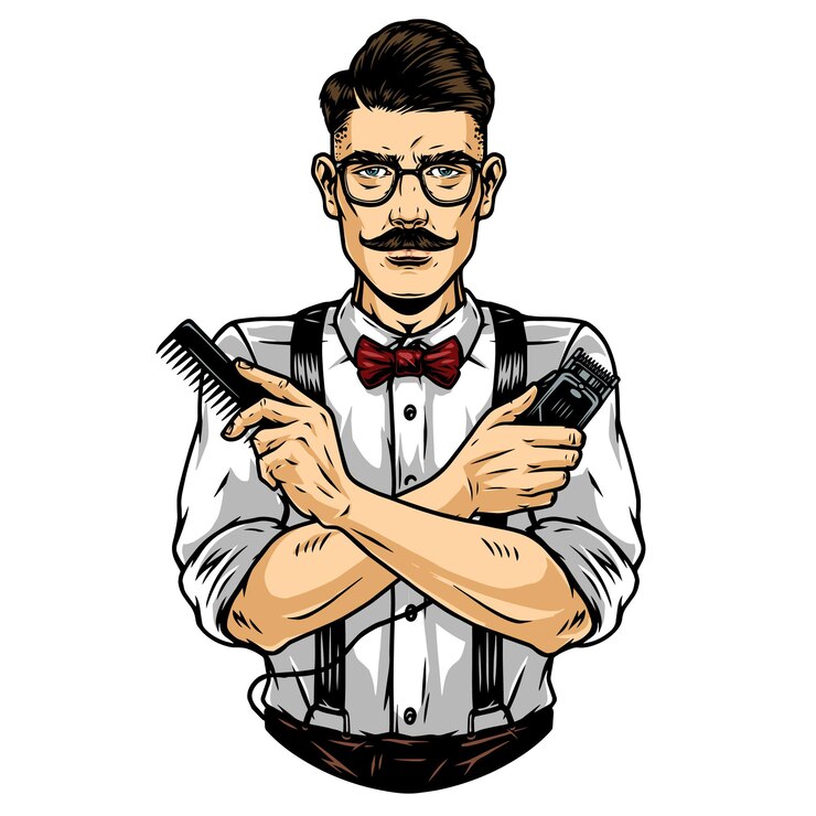 Vecteur barbier moustachu à la mode dans des verres portant un pantalon de cravate avec des bretelles et tenant un peigne et une tondeuse à cheveux dans une illustration vectorielle isolée de style vintage