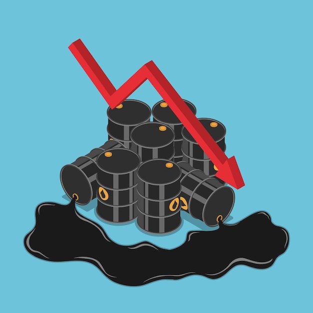 Barils De Pétrole Isométriques Plats 3d Avec Graphique En Chute. Baisse Du Prix Du Pétrole Et Concept De L'industrie Pétrolière.