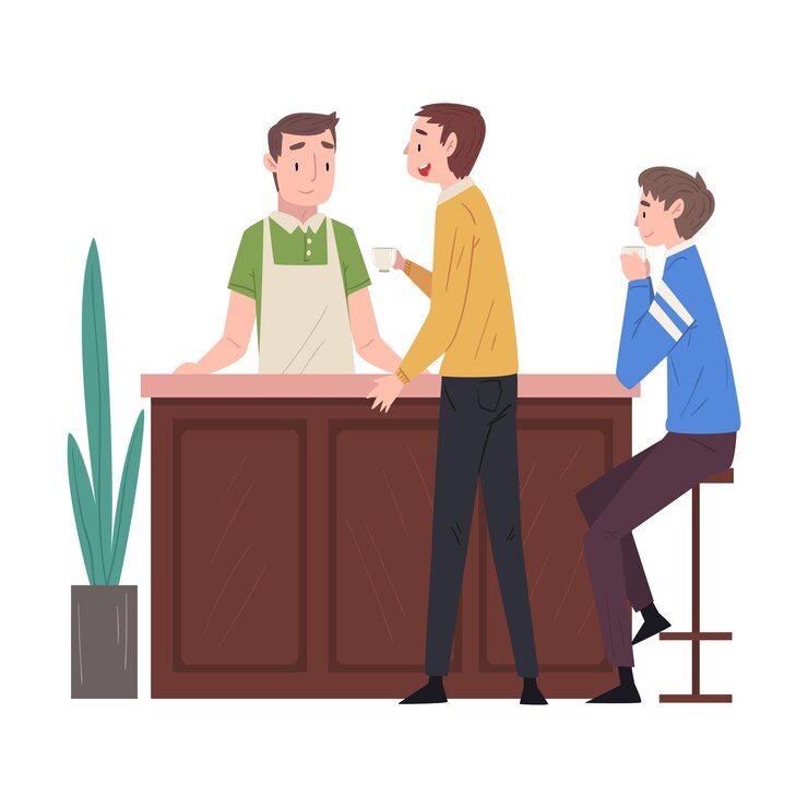 Vecteur barista ou barman servant des clients clients masculins debout et assis au comptoir illustration vectorielle
