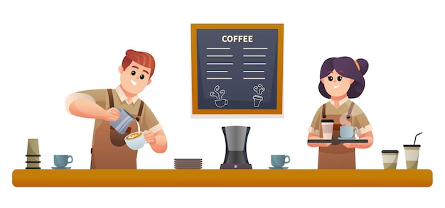 Le Barista Masculin Mignon Fait Du Café Et Le Barista Féminin Transporte Du Café Avec Une Illustration De Plateau