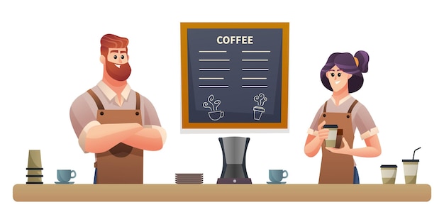 Baristas Homme Et Femme Travaillant Au Café Illustration