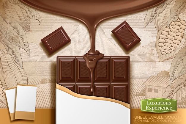 Barre de chocolat illustration 3d avec emballage vierge sur fond de cacao gravure rétro